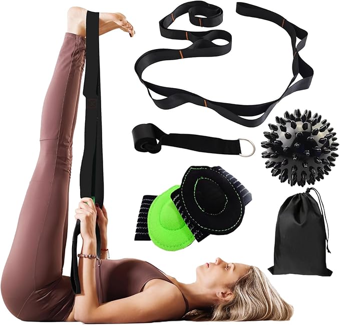Gradient Fitness Therapy Stretching Belt, 12 Circle Multi Ring Stretching Belt (1.5 inches wide x 86.6 inches long), Therapy Equipment, Yoga Stretcher Strap,Leg Stretcher. Equipped with arch foot pads and pointed massage balls(BLACK)-FlexoryFit