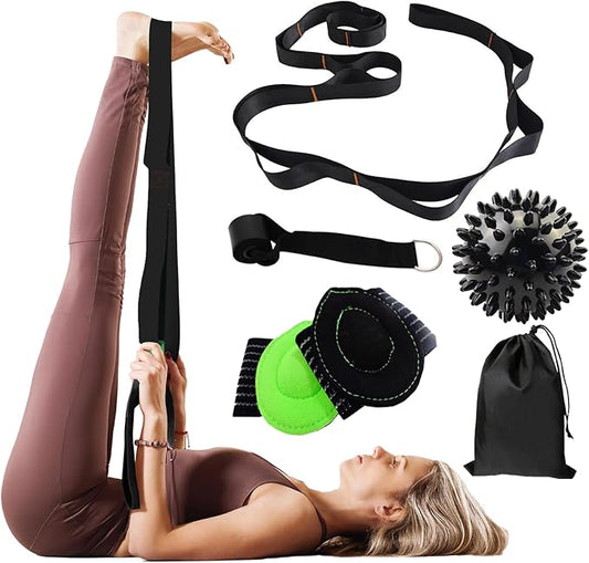 Gradient Fitness Therapy Stretching Belt, 12 Circle Multi Ring Stretching Belt (1.5 inches wide x 86.6 inches long), Therapy Equipment, Yoga Stretcher Strap,Leg Stretcher. Equipped with arch foot pads and pointed massage balls(BLACK)-FlexoryFit