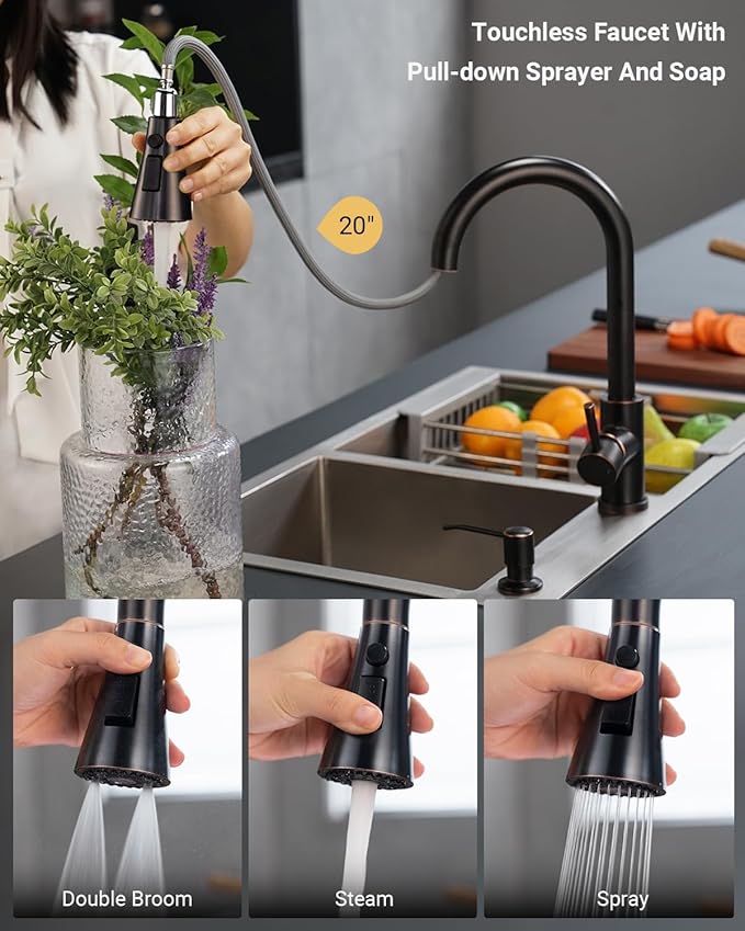 APPASO Touchless Kitchen Faucet, Oil Rubbed Bronze Sink Faucets with Soap Dispenser and Pull Down Sprayer 3 Modes, Activated Motion Sensor Hands Free with Deck Plate, High Arch