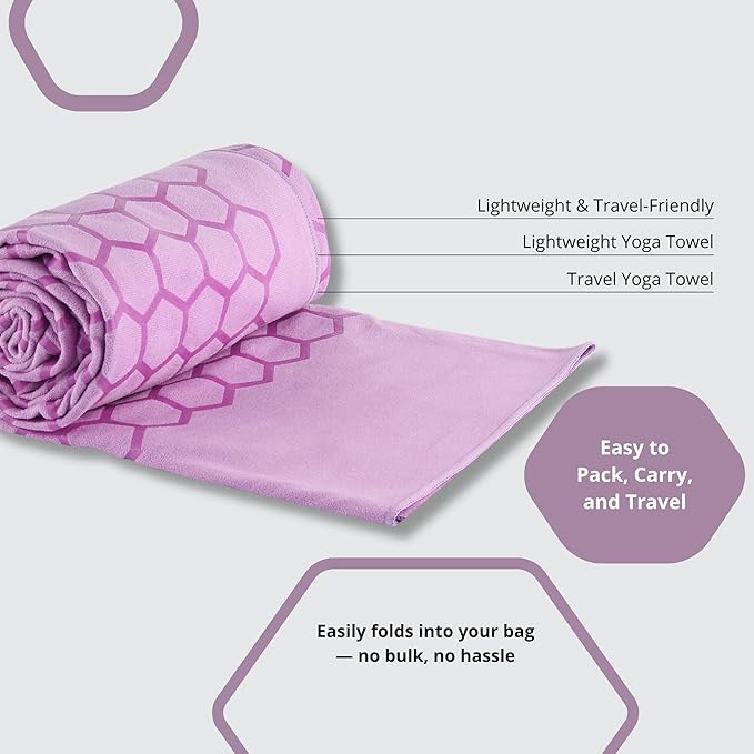Clever Yoga Non-Slip Hot Yoga Towel – Non-Slip Grip for Hot Yoga, Sweat Absorbent, Honeycomb Silicone Grip, Stays Flat – Ideal for Pilates, Travel, Washable & Lightweight - Lilac-FlexoryFit
