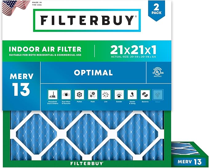 Filterbuy 21x21x1 Air Filter MERV 13 (MPR 1900) Health Defense Replacement (2-Pack), Electrostatic Pleated HVAC AC Furnace Filters, Made in USA (Actual Size: 20.88 x 20.88 x 0.75)