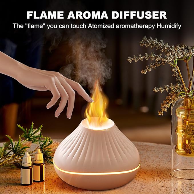Colorful Fire Flame Diffuser: Ultra-Quiet 160ml Volcano Humidifier Aromatherapy Essential Oil Cool Mist Diffusers with 7 Flame Colors Timeable for Bedroom, Office (White)