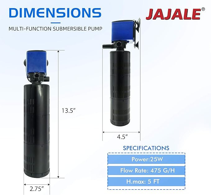 475 GPH Internal Filter Submersible Pump - 3 in 1 Aquarium Fish Tank Pump with Oxygenation, Filtration & Water Cycling, 5 ft max lift, 25W