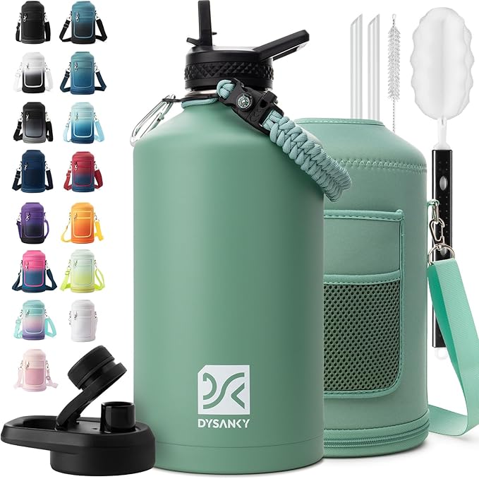 1 Gallon Water Bottle Insulated | Thickened Stainless Steel Vacuum Metal Water Jug | Portable Sports Large for Gym and Hiking with Straw, Carrier Bag, Handle Strap | BPA-Free 128 oz-FlexoryFit