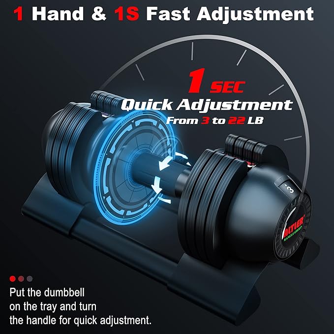 Adjustable Dumbbell,22LBS 44LBS 52LBS Dumbbell Set with Tray for Fitness, Fast Adjust Weight by Turning Anti-Slip Handle, Safety with 8 Lock Slots, Suitable for Men and Women-FlexoryFit