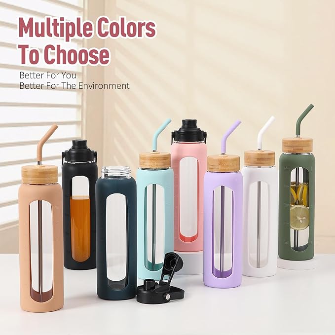 Kodrine Water Bottle with Straw, 24 oz Glass water Bottle with 2 Lids Bamboo Straw Lid and Spout Lid with Handle, 32 oz Clear Water Bottle Glass for Sports Travel, Waterbottle with Time Marker-FlexoryFit