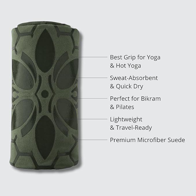 Clever Yoga Non-Slip Hot Yoga Towel – Non-Slip Grip for Hot Yoga, Sweat Absorbent, Honeycomb Silicone Grip, Stays Flat – Ideal for Pilates, Travel, Washable & Lightweight - Olive-FlexoryFit