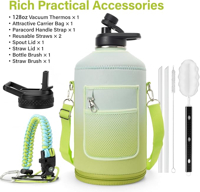 1 Gallon Water Bottle Insulated | Thickened Stainless Steel Vacuum Metal Water Jug | Portable Sports Large for Gym and Hiking with Straw, Carrier Bag, Handle Strap | BPA-Free 128 oz-FlexoryFit