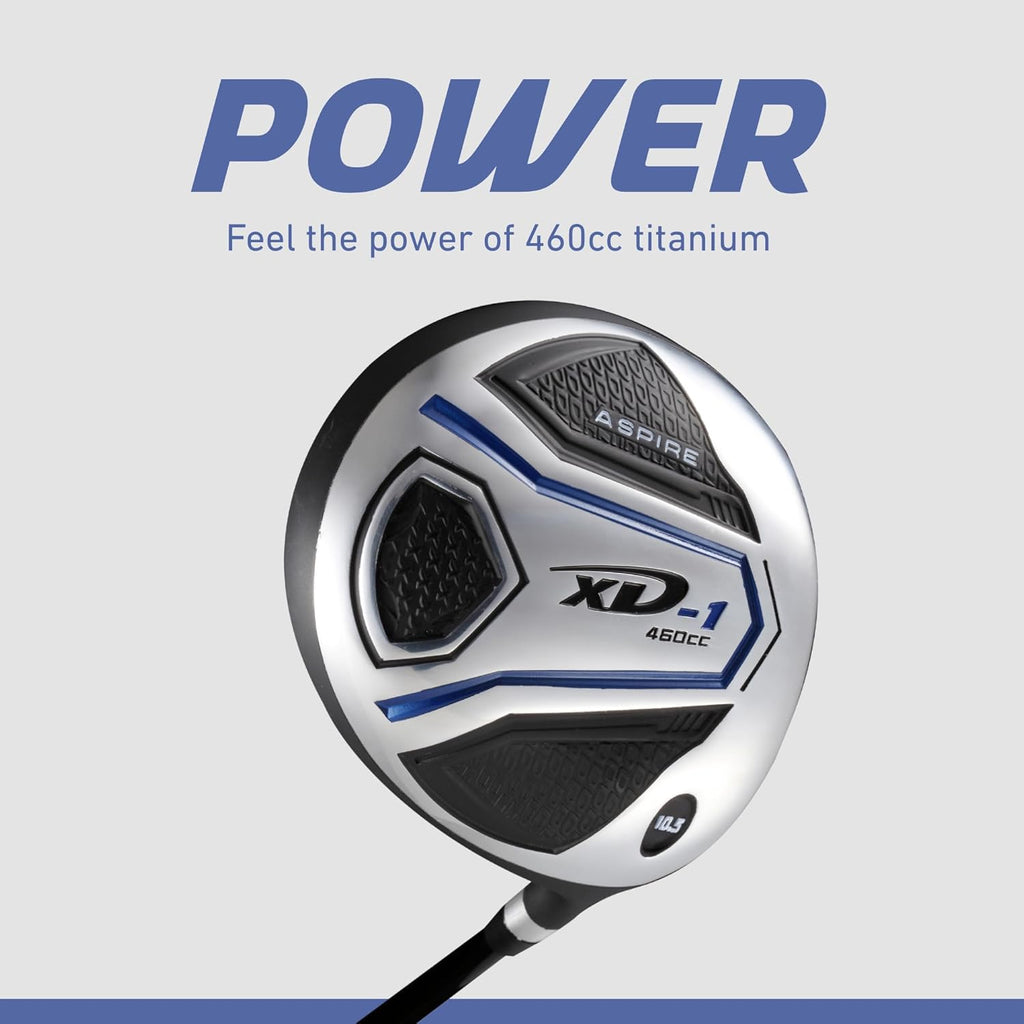 Aspire XD1 Complete Mens Golf Club Set, Includes Titanium Driver, S.S. Fairway, S.S. Hybrid, S.S. 6-PW Irons, Putter, Bag, 3 H/C's, Right & Left Handed Golf Clubs