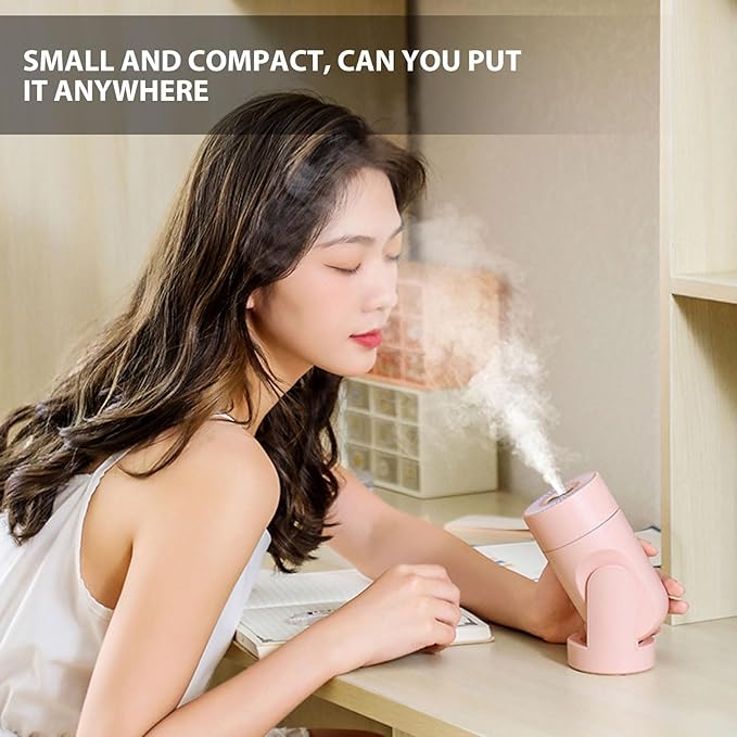 Portable Mini Humidifier,USB Automatic Rotating Super Quiet Small Desktop Cool Mist Humidifier for Bedroom Office Car Travel (Pink)
