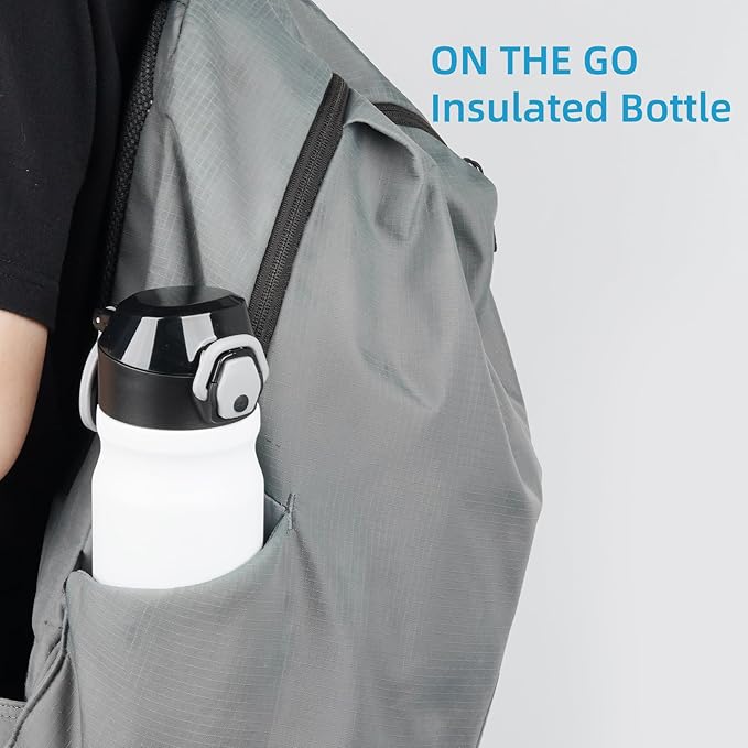 Insulated Water Bottle with Straw and Carry Loop,18 oz Stainless Steel Double Wall Vaccum Metal Water Flask with Leak-proof Lid,White-FlexoryFit