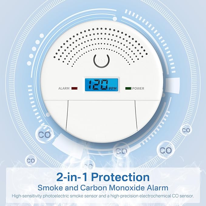 4-Pack, 2-in-1 Smoke and Carbon Monoxide Detector Combo, Battery Operated CO & Smoke Fire Alarm Carbon Monoxide Detectors with LCD Display for Home, Easy to Install