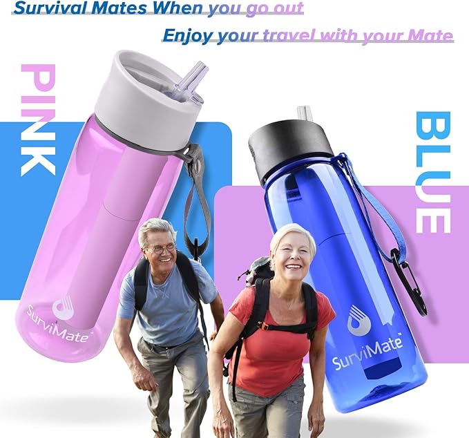 SurviMate Purified Water Bottle for Camping, Hiking, Backpacking and Travel, BPA Free with 5-Stage Intergrated Filter Straw