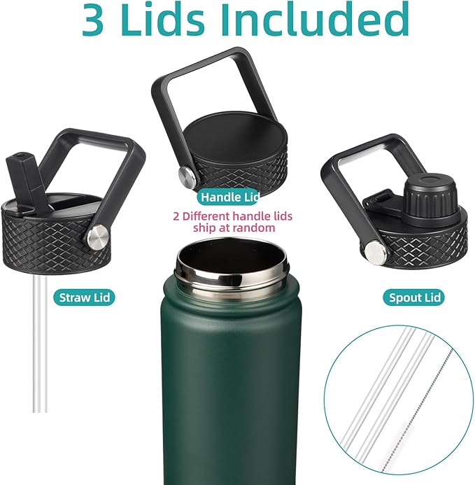 18 oz Insulated Water Bottle Stainless Steel Sport Bottles with 3 Lids,Army Green-FlexoryFit