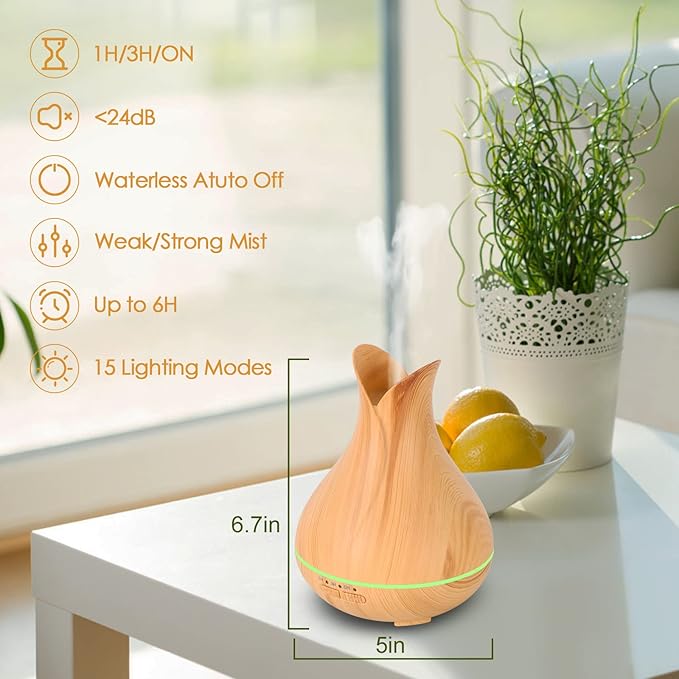 Aromatherapy Diffuser with Essential Oils Included, 150ml Small Cute Aroma Diffuser with 15 Color LED Light&3 Times, Waterless Auto Off Essential Oil Diffusers for Home Bedroom(Wood)