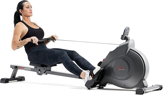 Sunny Health & Fitness Flip & Foldable Rowing Machine for Home w/Extended Slide Rail, Full-Body Workout, Low-Impact, Optional Extra Long Rail, Quiet Rail Cover, Water Motion and Free SunnyFit App-FlexoryFit