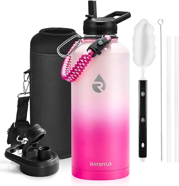 Insulated Water Bottle 87 oz, Triple Wall Vacuum Stainless Steel (Cold for 48 Hrs), Leak Proof & Non-BPA, Modern Water Flask Jug with Paracord Handle & Straw Spout Lids, Ombre Pink-FlexoryFit