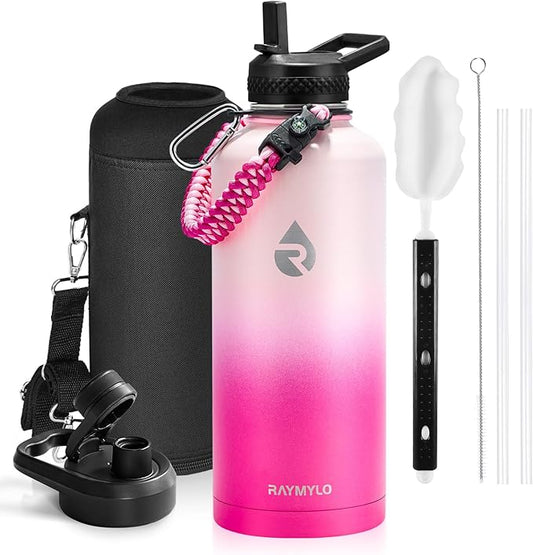 Insulated Water Bottle 87 oz, Triple Wall Vacuum Stainless Steel (Cold for 48 Hrs), Leak Proof & Non-BPA, Modern Water Flask Jug with Paracord Handle & Straw Spout Lids, Ombre Pink-FlexoryFit