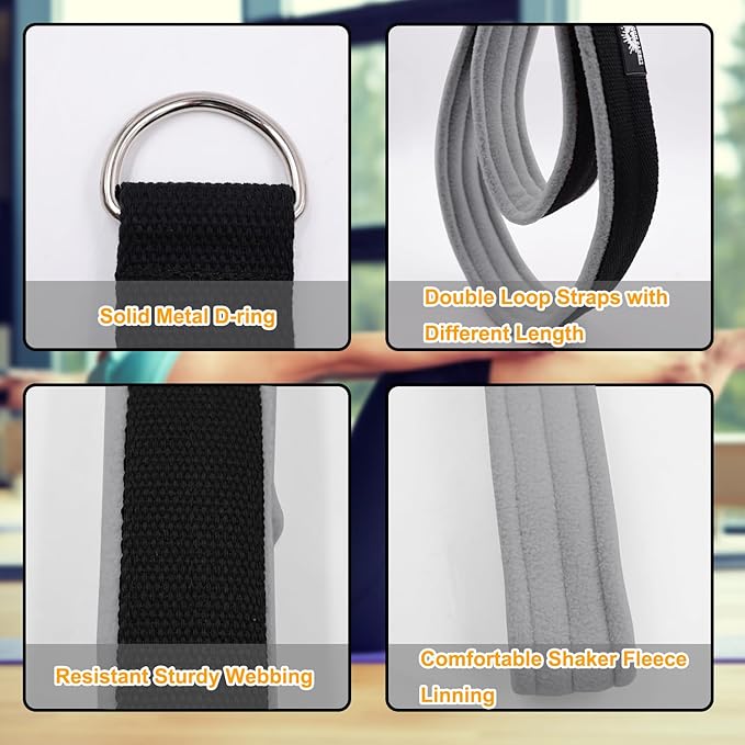 1 Pair Enhanced Pilates Double Loop Straps for Reformer, Thickened D-Ring Handle Straps, Yoga Exercise Accessories in 2 Lengths and Multicolor for Home Gym Workout-FlexoryFit