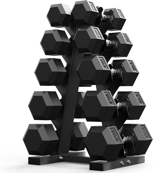 PAPABABE Hex Dumbbell Sets with Rack, 60-550lb Rubber Coated Dumbbell Weight Set and Storage Rack, Multiple Options Hand Weights for Strength Training-FlexoryFit