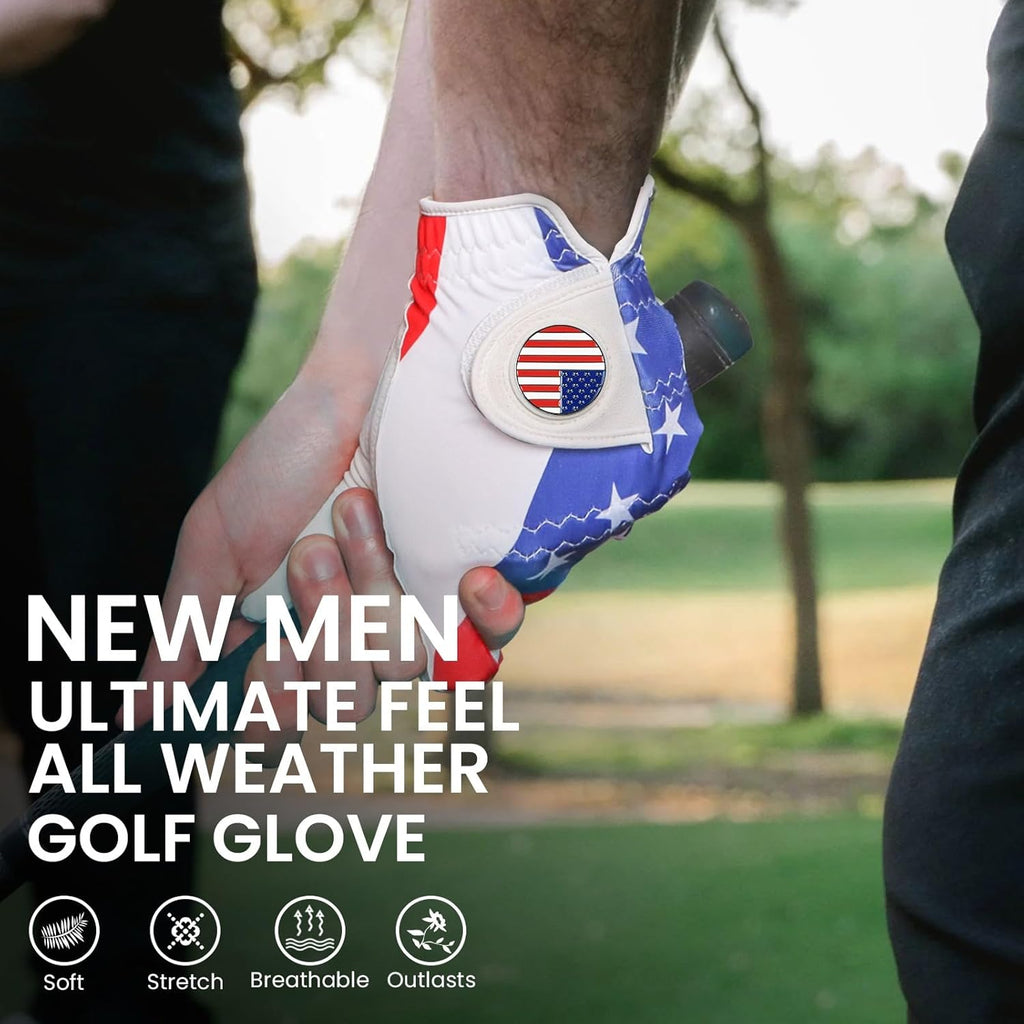 FINGER TEN Golf Gloves Men Left Hand Right with Ball Marker USA Flag Blue Camo Plaid Pack, Mens Leather Golf Glove All Weather Grip Small Medium ML Large XL
