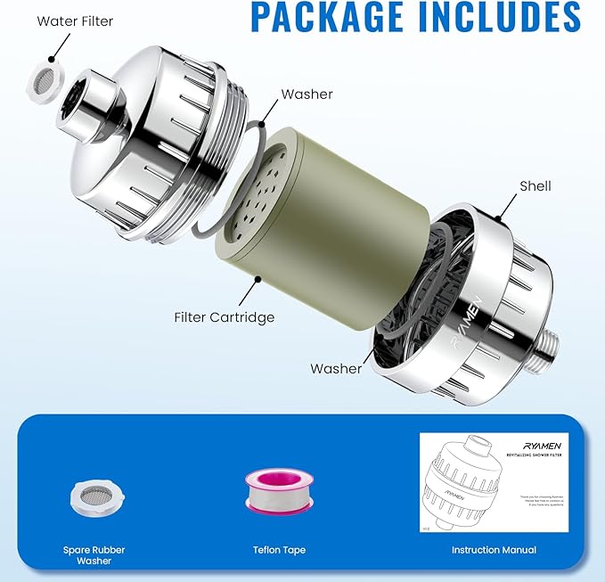 Ryamen Heavy Duty Shower Filter, Shower Water Filter, 99% REMOVAL Shower Head Filter for Hard Water, Heavy Metals, Chlorine (1 Cartridge, Silver)