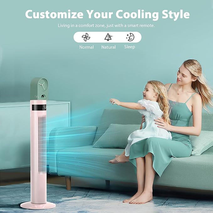 Antarctic Star Tower Fan Portable Floor Fans 85°Oscillating Fan 36'' Quiet Cooling 12H Timer Remote Control Standing Bladeless Electric 3 Speeds Wind 3 Modes Bedroom Office(36 inch, Pink)