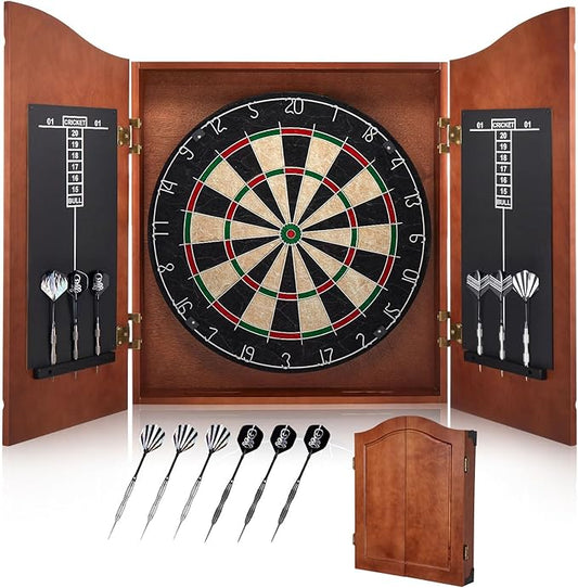 Sisal Dart Board Cabinet Sets, Decorative Dart Boards for Adults [6*Steel Darts] - Wooden Dartboard Cabinet with Integrated Scoreboard for Family Game Rooms