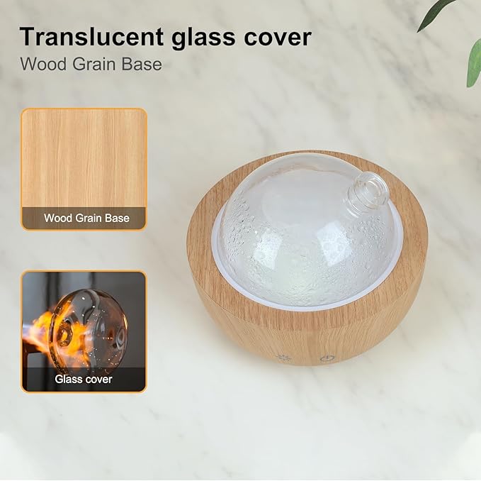 Glass Essential Oil Diffusers for Home, Wood Grain Base Humidifier, Decorative Bedroom Aromatherapy Scent Air Diffuser Ultrasonic Aroma Defusers 200ml