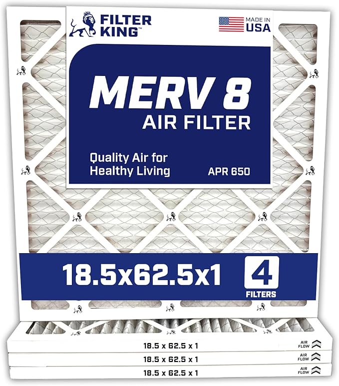 Filter King 18.5x62.5x1 Air Filter | 4-PACK | MERV 8 HVAC Pleated A/C Furnace Filters | MADE IN USA | Actual Size: 18.5 x 62.5 x .75"