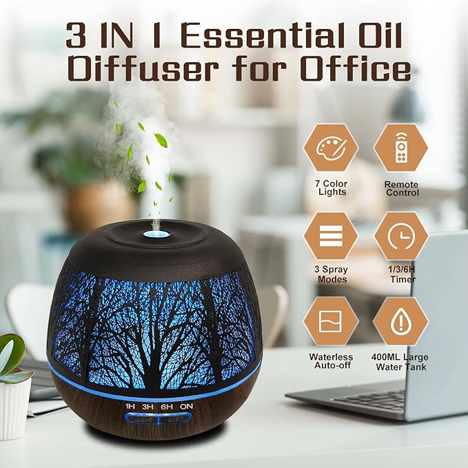 Essential Oil Diffuser for Bedroom 400ml,Diffusers for Home with Remote Control,Cool Mist Humidifier Large Room,Ultrasonic Scent Diffuser Waterless Auto Off,7 Colors Light & 3 Mist Modes for Desk Tree