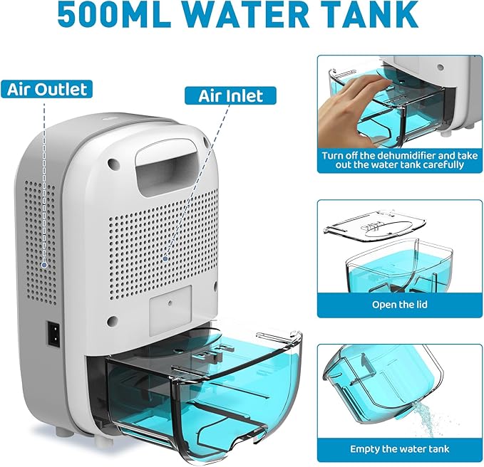 Mini Portable Dehumidifier for Home. Quiet. Auto Shut-OFF. Power Off Memory. Electric Dehumidifier for Small Space. Good for Small Bathroom Basement Bedroom Closet Safe Pantry RV Camper Yacht