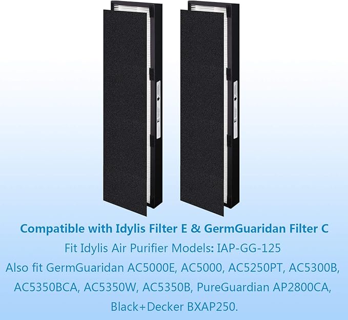 True HEPA E Size Replacement Filter,Compatible with Idylis FIL-GG-125 & IAP-GG-125,AC5250PT Replacement Filters Fit for Germ Guardian Air Purifier FLT5000 AC5000 Series Filter C,2 HEPA+2 Pre-filters