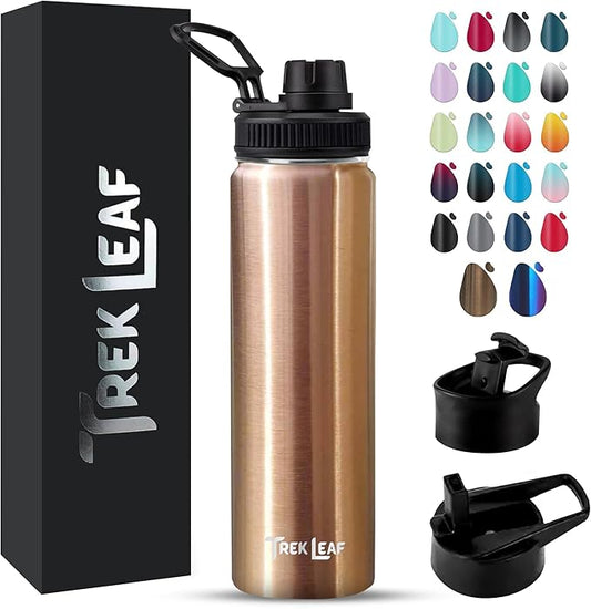 Travel Water Bottle with 3 Lids (Spout, Straw, Flip) Leak Proof, Quality, Vacuum Insulated, Stainless Steel (Rose Gold, 22 oz)