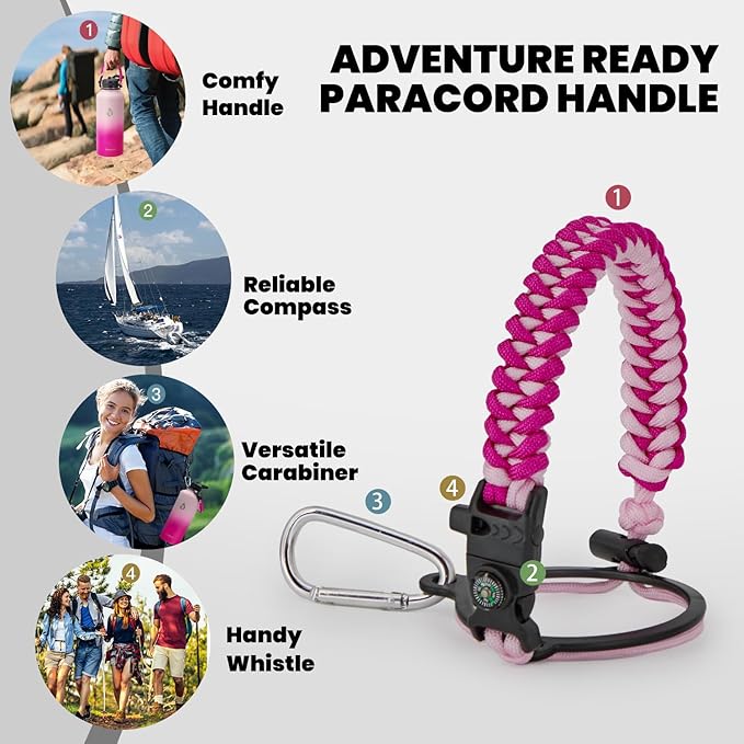 Insulated Water Bottle 87 oz, Triple Wall Vacuum Stainless Steel (Cold for 48 Hrs), Leak Proof & Non-BPA, Modern Water Flask Jug with Paracord Handle & Straw Spout Lids, Ombre Pink-FlexoryFit