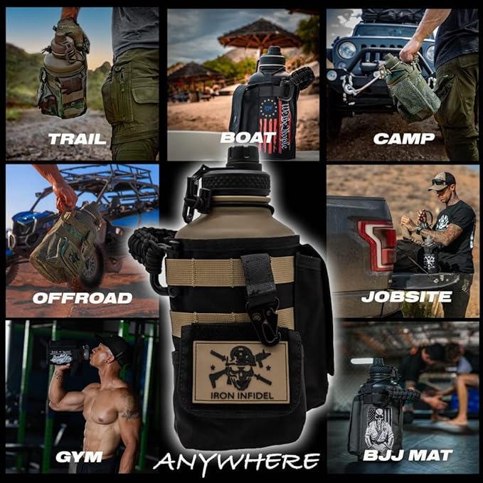Iron Infidel Battle Bottle - Half Gallon Insulated Water Bottle with Paracord Handle, Large 64 oz Stainless Steel Water Jug with Rugged, Removable Sleeve for Keys, Wallet & Phone (Brown Recluse 2L)-FlexoryFit