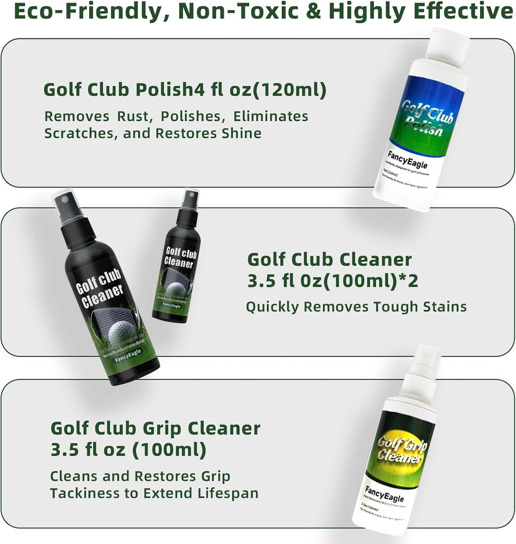 Golf Club Care Kit - Clean, Polish and Restore Irons, Drivers, Putters -Remove Rust, Scratches & Restore Tackiness | Includes Golf Club Cleaner, Polish, Grip Cleaner, Magnetic Towel & Golf Club Brush