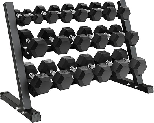 450/550 Dumbbell Sets with Rack, Rubber Hex Dumbbells, Free Weight set for Home Gym, Hand Weights with Chrome Handle for Strength Training-FlexoryFit