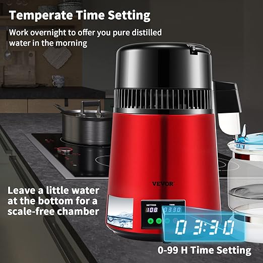 VEVOR 1.1Gal Water Distiller, 0.3Gal/H, Distilled Water Maker Machine 750W 0-99H Timing Setting Temp Display, 304 Stainless Steel Countertop Distiller Glass Carafe Cleaning Powder 3 Carbon Packs, Red