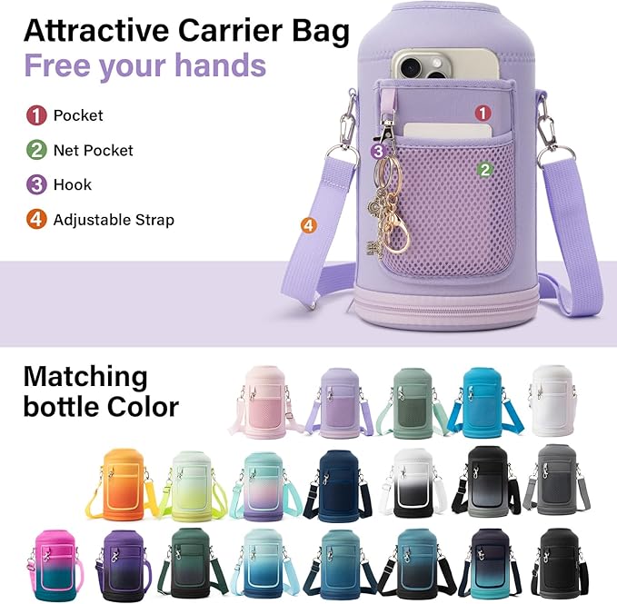 Insulated Water Bottle | Thickened Stainless Steel Vacuum Metal | Portable Sports Half Gallon Large Water Jug for Gym and Hiking with Straw, Carrier Bag, Handle Strap | BPA-Free 64 oz-FlexoryFit