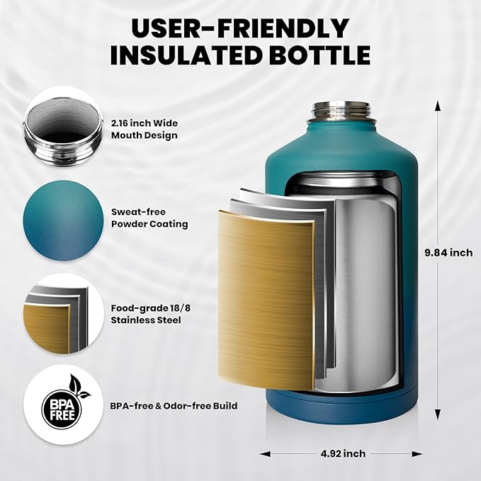 Insulated Water Bottle 64 oz, Triple Wall Vacuum Stainless Steel (Cold for 48 Hrs), Leak Proof & Non-BPA, Half Gallon Water Flask Jug with Paracord Handle & Straw Spout Lids, Cyan Blue-FlexoryFit