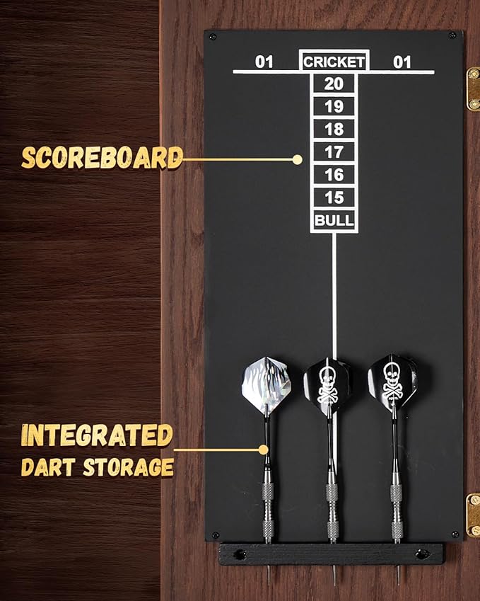 Sisal Dart Board Cabinet Sets, Decorative Dart Boards for Adults [6*Steel Darts] - Wooden Dartboard Cabinet with Integrated Scoreboard for Family Game Rooms