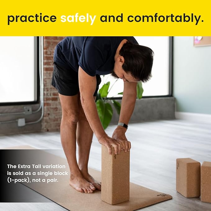 Premium Cork Yoga Blocks - Extra Large Yoga Block 2-Pack or Extra Tall 1-Pack for Inflexible Yogis | Natural, High-Density Cork for Superior Support & Stability | Optional Yoga Strap & Gift Box-FlexoryFit
