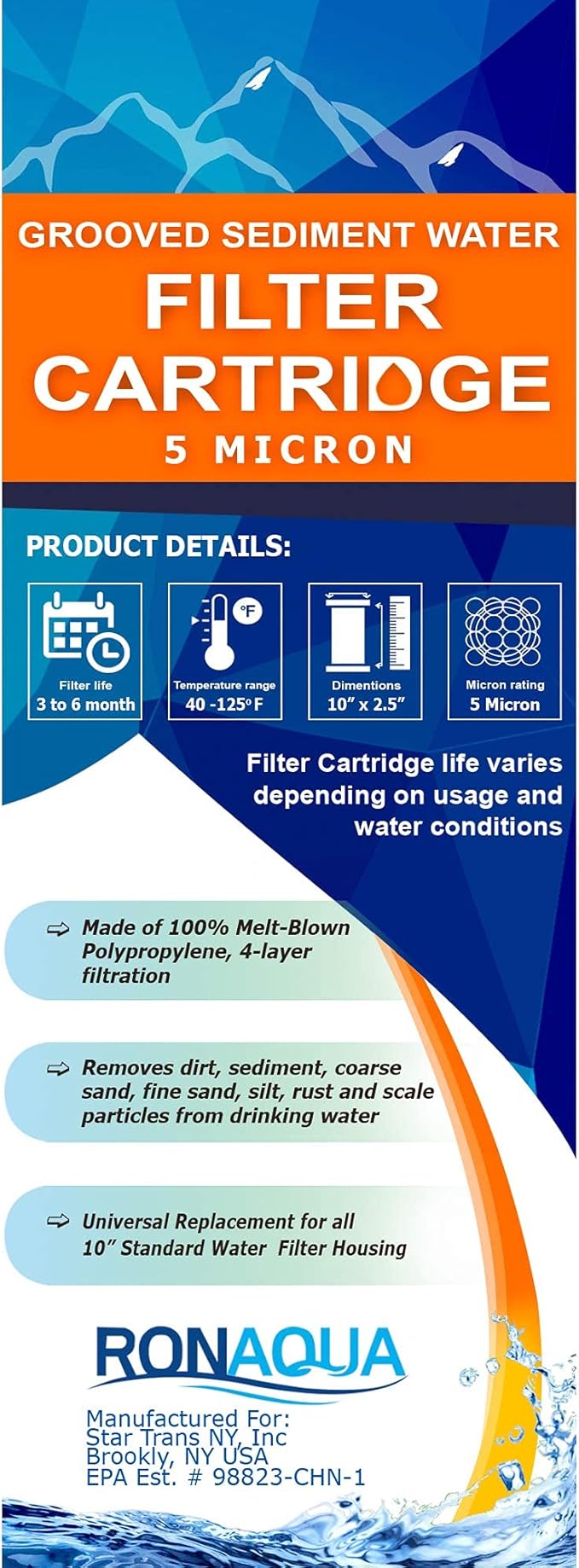Grooved Sediment Water Filter Cartridge by Ronaqua 10"x 2.5", Four Layers of Filtration, Removes Sand, Dirt, Silt, Rust, made from Polypropylene (25 Pack, 5 Micron)