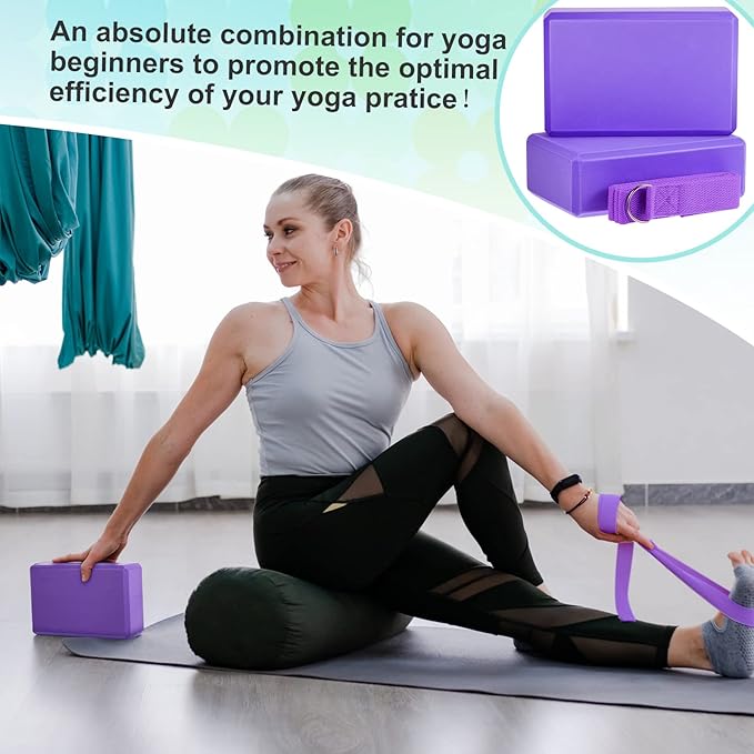 Meooeck 18 Pcs Yoga Block and Strap Set 9 x 6 x 3 Inch EVA Foam Non Slip Brick 8 ft Yoga Straps for Stretching D Ring Design for Back to School Pilates Fitness Workout Exercise-FlexoryFit