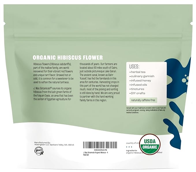 J Mac Botanicals, Organic Hibiscus Flower (4 ounce), Hibiscus tea, cut & sifted flowers, dried from Egypt, herbal tea leaves, Flor de Jamaica, edible-FlexoryFit