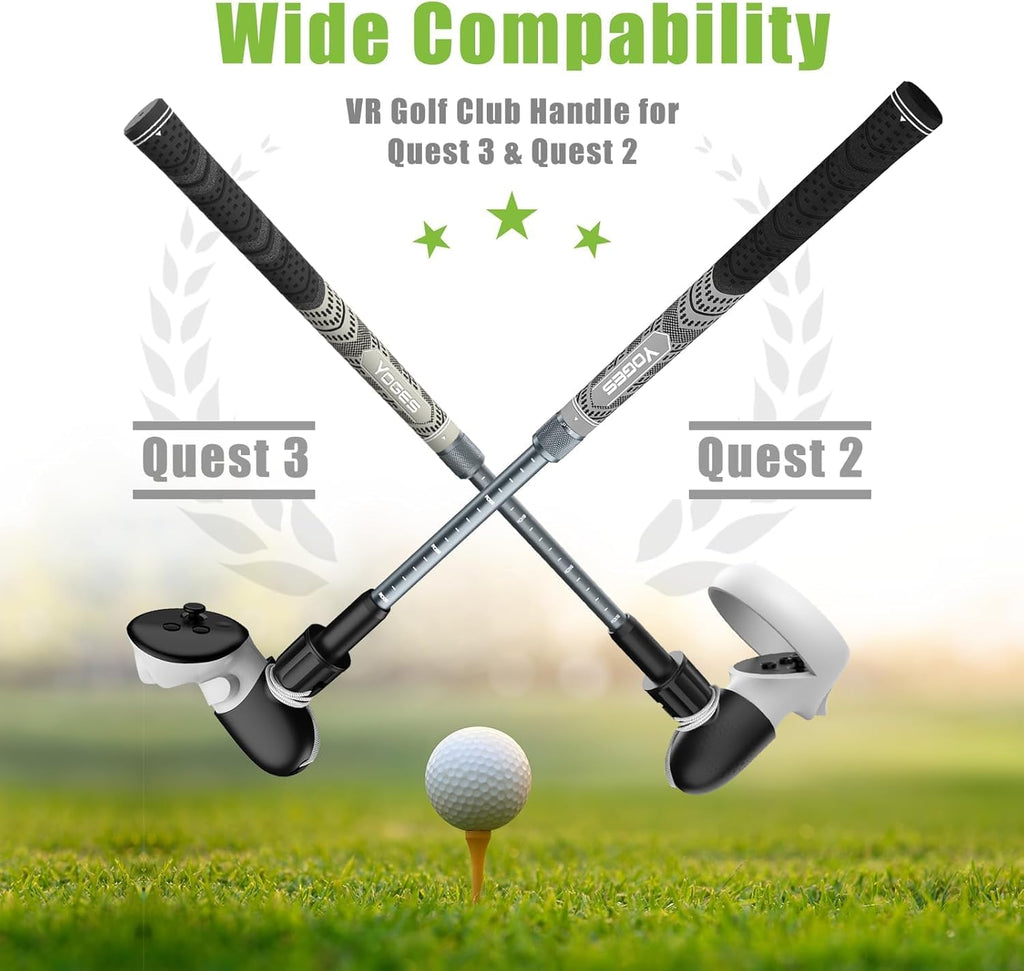 YOGES Adjustable Length VR Golf Club Handle for Meta Quest 3S/Quest 3/Oculus Quest 2, 90 Degree Virtual Reality Baseball Controller Attachment, Simulator Real Golf Game (ONLY for Right Controller)
