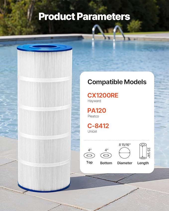 VEVOR C1200 Pool Filter Cartridge Replacement for Hayward Star Clear Plus C1200, Replace Pleatco PA120, Hayward CX1200RE, Unicel C-8412, 120 sq.ft, L x OD:23 1/4" x8 15/16"
