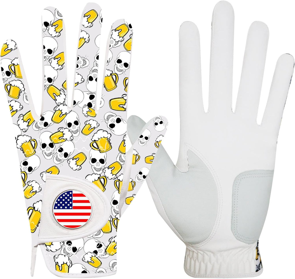 FINGER TEN Golf Gloves Men Left Hand Right with Ball Marker USA Flag Blue Camo Plaid Pack, Mens Leather Golf Glove All Weather Grip Small Medium ML Large XL