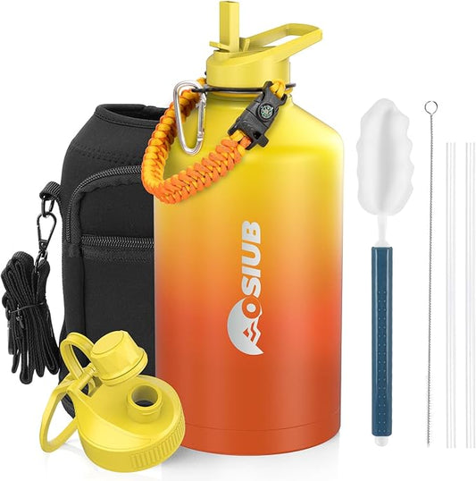 Insulated Water Bottle 128 oz, Triple Wall Vacuum Stainless Steel(Cold for 48 Hrs),Leak Proof & BPA-Free,One Gallon Water Bottle with Reflective Paracord & Flip Straw for Sports & Travel, Sunset-FlexoryFit
